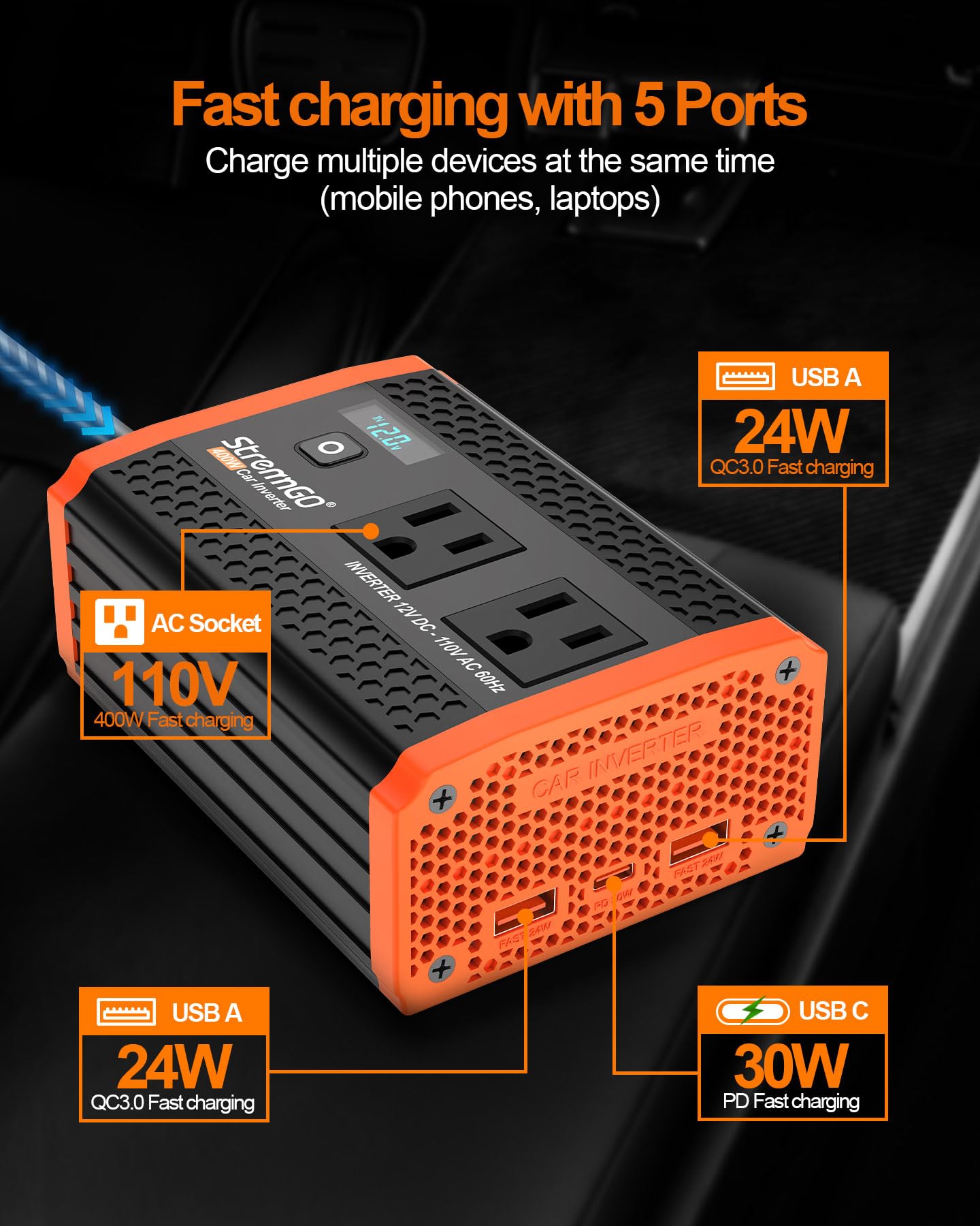 400W Car Power Inverter with Dual AC Outlets & USB Fast Charging for Vehicles