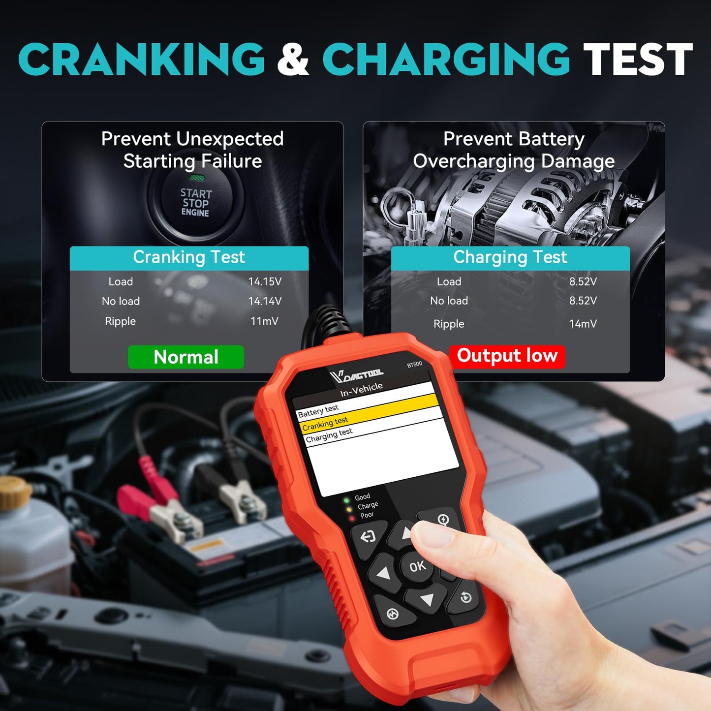 6V/12V/24V Car Battery Tester with CCA Load & Charging System Diagnostic Analyzer