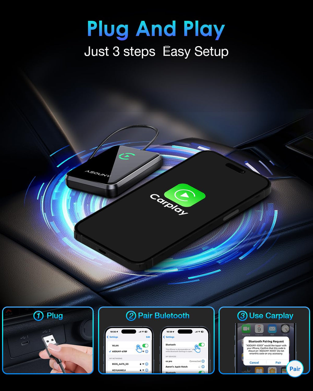 Wireless CarPlay Adapter Plug and Play Auto Connect