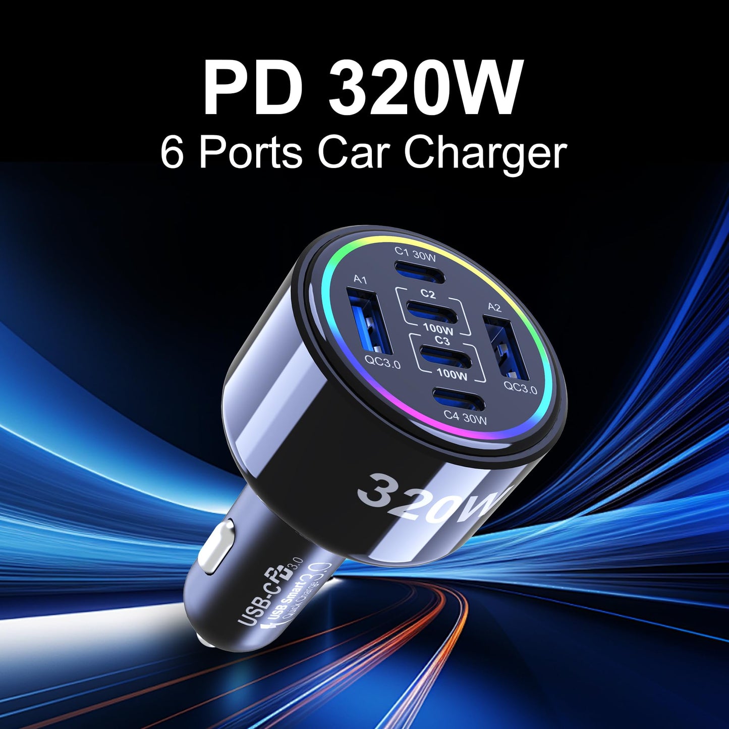 320W 6-Port USB-C Fast Car Charger with PD/QC/PPS Multi Device Charging