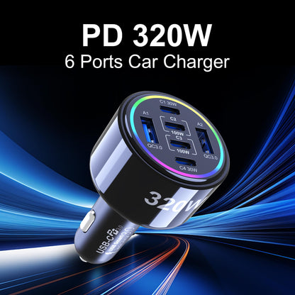 320W 6-Port USB-C Fast Car Charger with PD/QC/PPS Multi Device Charging
