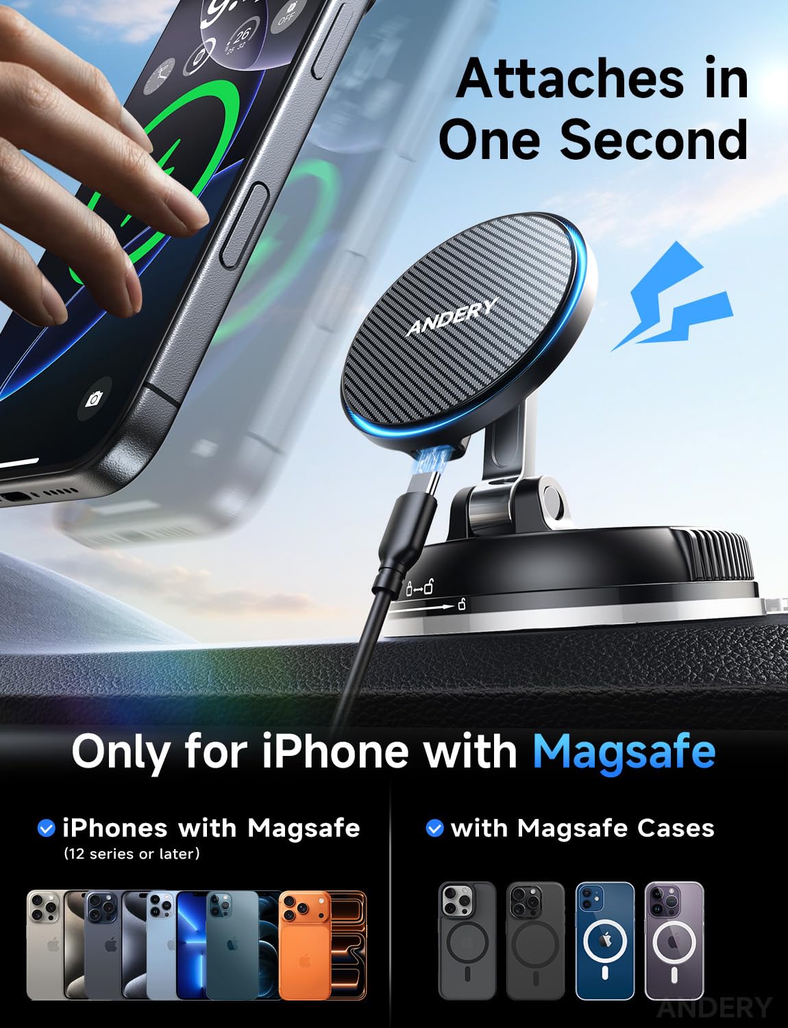 15W MagSafe Car Mount Charger with Strong Suction Magnetic Phone Holder 360° Adjustable