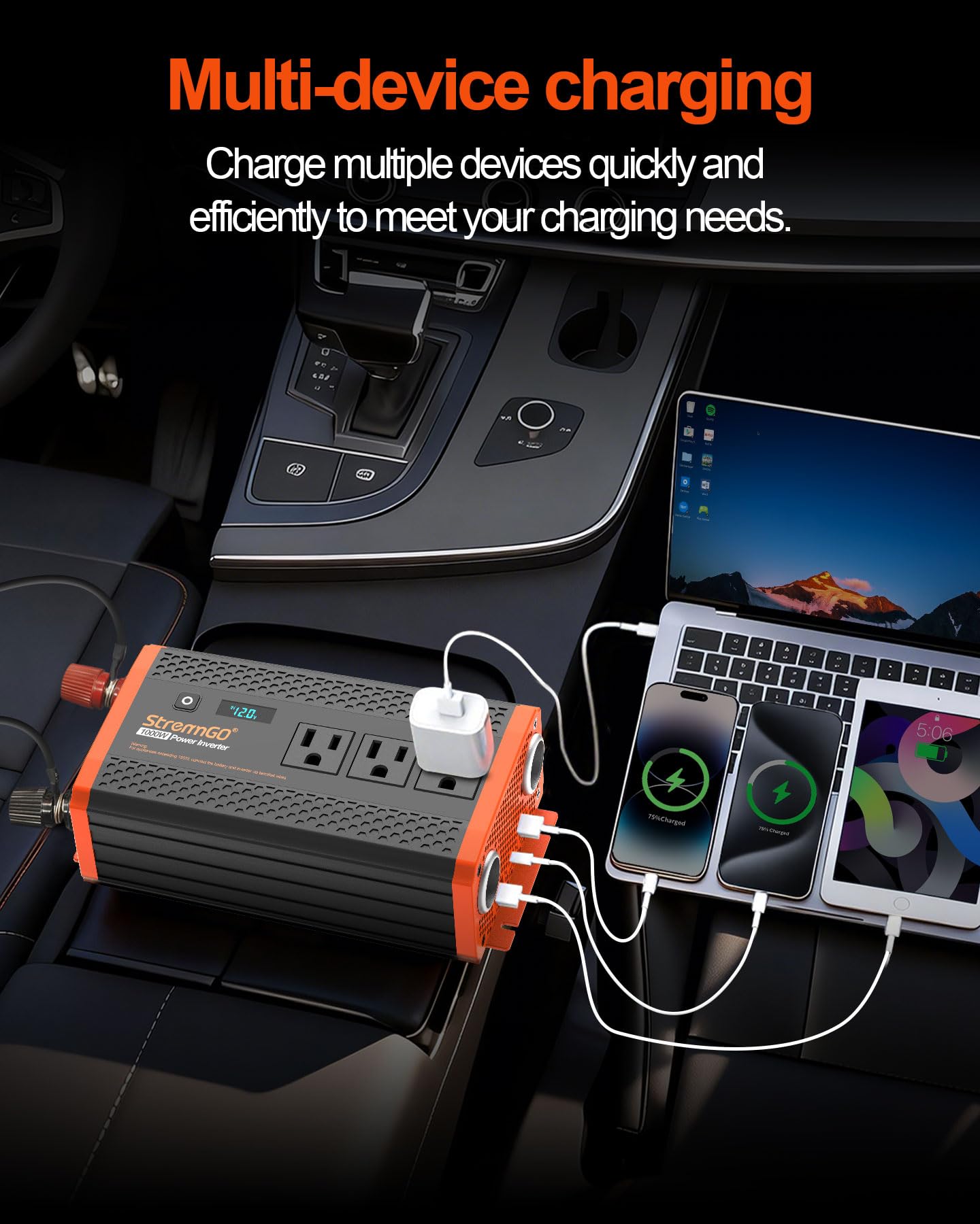 1000W Car Power Inverter 12V DC to 110V/120V AC with 3 AC Outlets & USB/PD Fast Charging