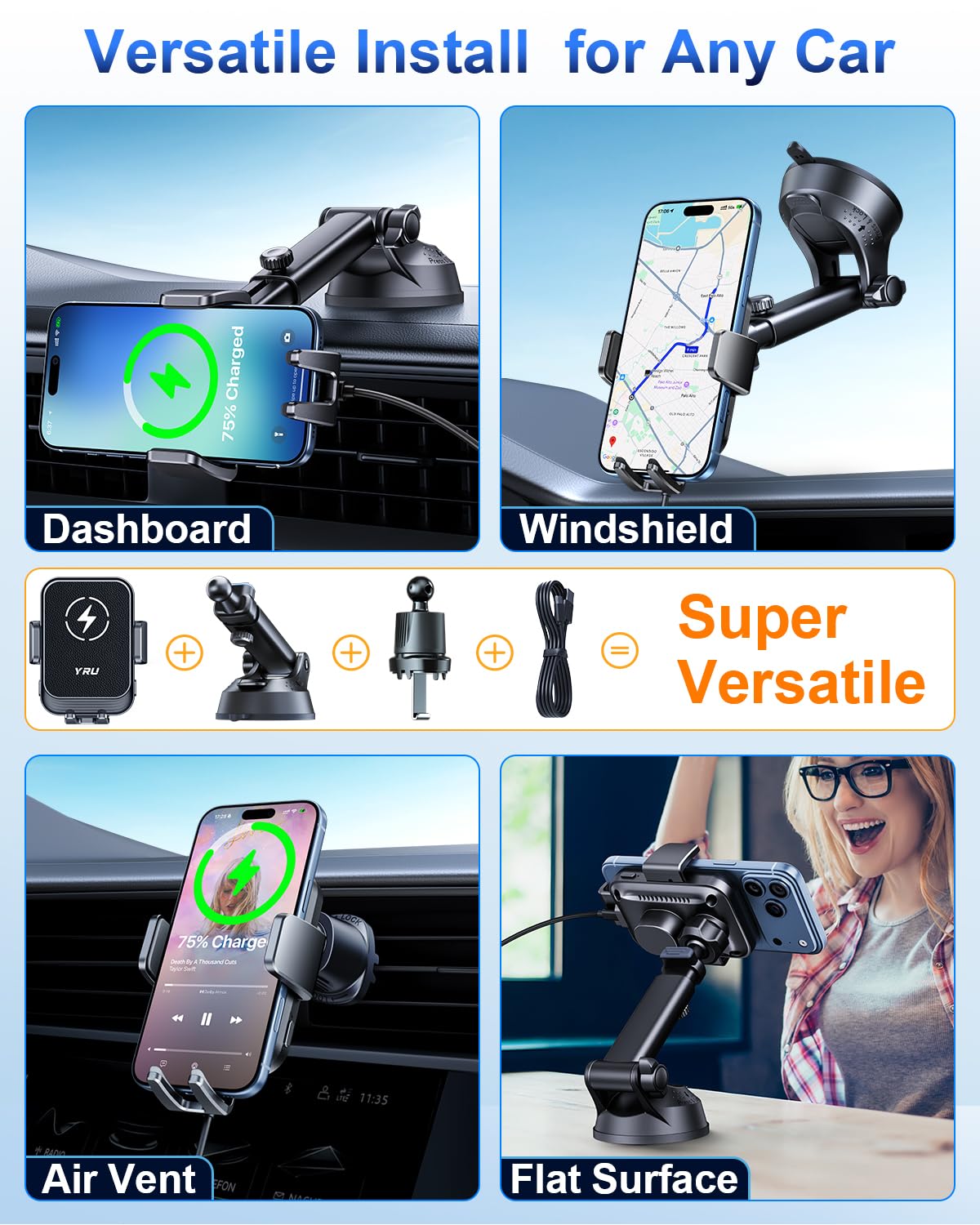 15W Wireless Car Charger Mount with Auto Clamping Magnetic Holder 360° Adjustable