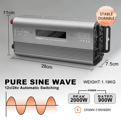 1000W Pure Sine Wave Power Inverter with Dual AC Outlets, USB & Type-C Fast Charging