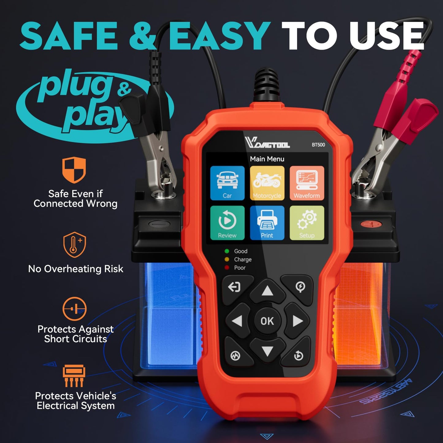 6V/12V/24V Car Battery Tester with CCA Load & Charging System Diagnostic Analyzer