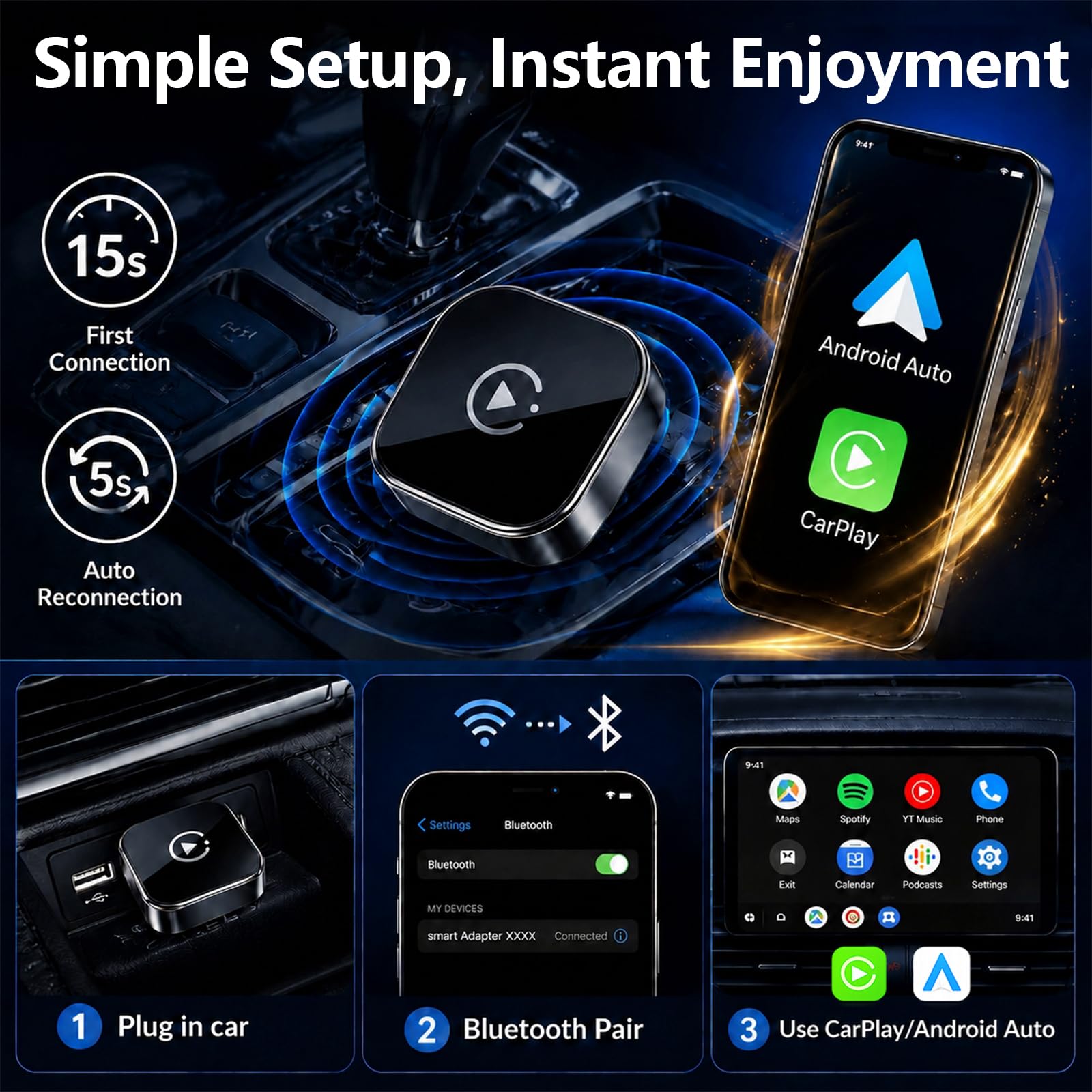 Wireless CarPlay Android Auto Adapter Wired to Wireless Fast Auto Connect Plug and Play Stable Connection