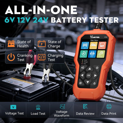 6V/12V/24V Car Battery Tester with CCA Load & Charging System Diagnostic Analyzer