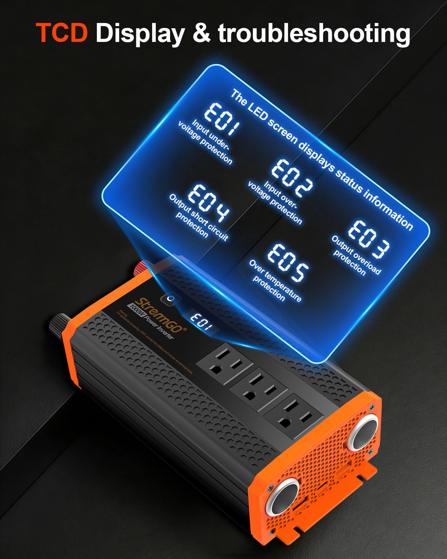 1000W Car Power Inverter 12V DC to 110V/120V AC with 3 AC Outlets & USB/PD Fast Charging
