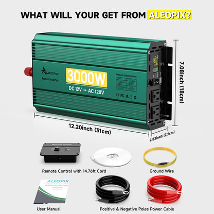 3000W 12V to 110V/120V Power Inverter with 6000W Peak, Modified Sine Wave, Dual AC Outlets & USB Port