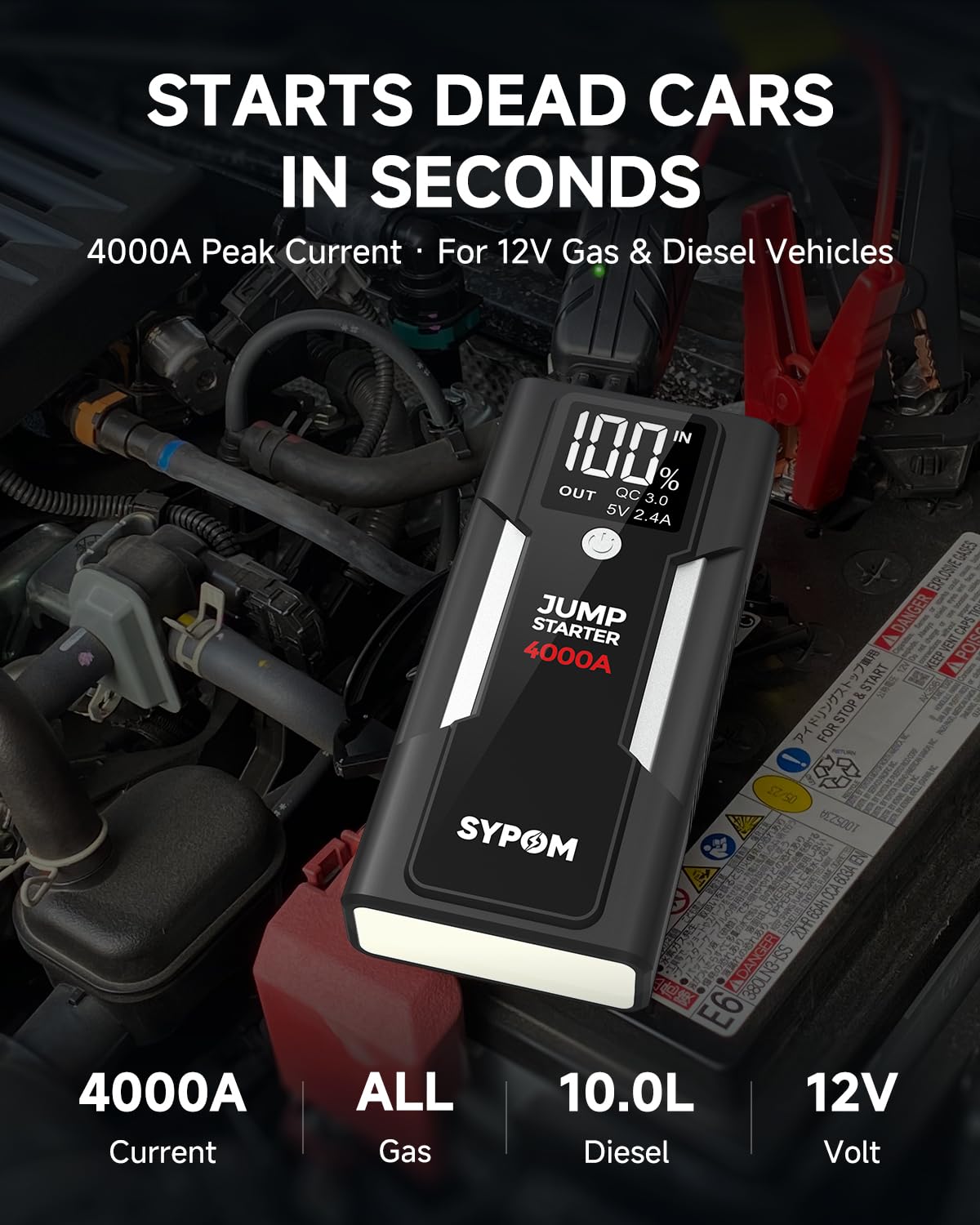 4000A Portable Jump Starter for Gas & Diesel Engines with Dual USB & LED Light