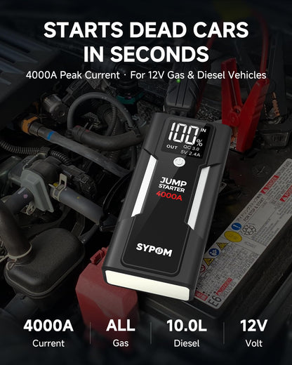 4000A Portable Jump Starter for Gas & Diesel Engines with Dual USB & LED Light