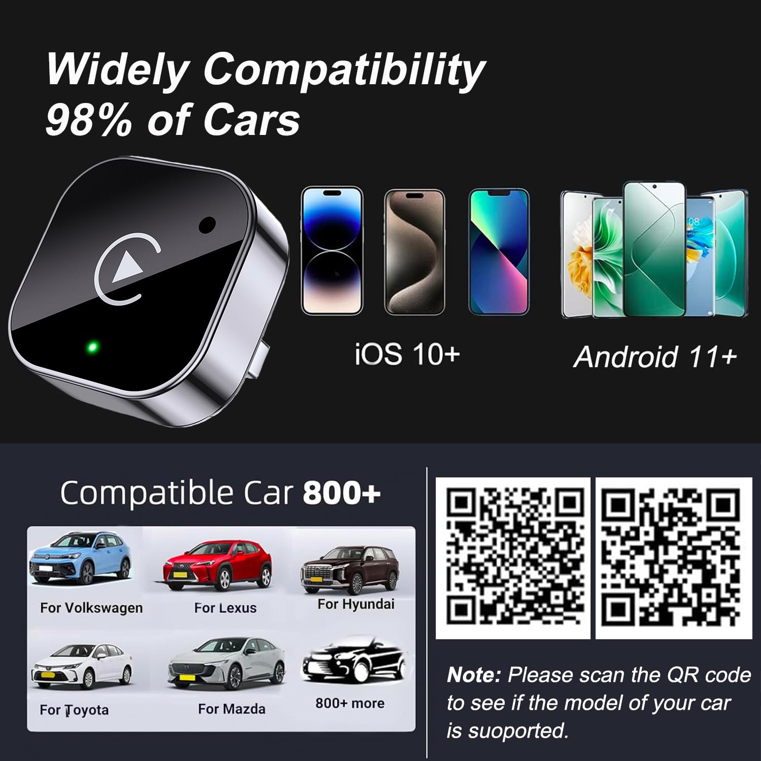 Wireless CarPlay Android Auto Adapter 2 in 1 Plug and Play Fast Auto Connect USB USB C