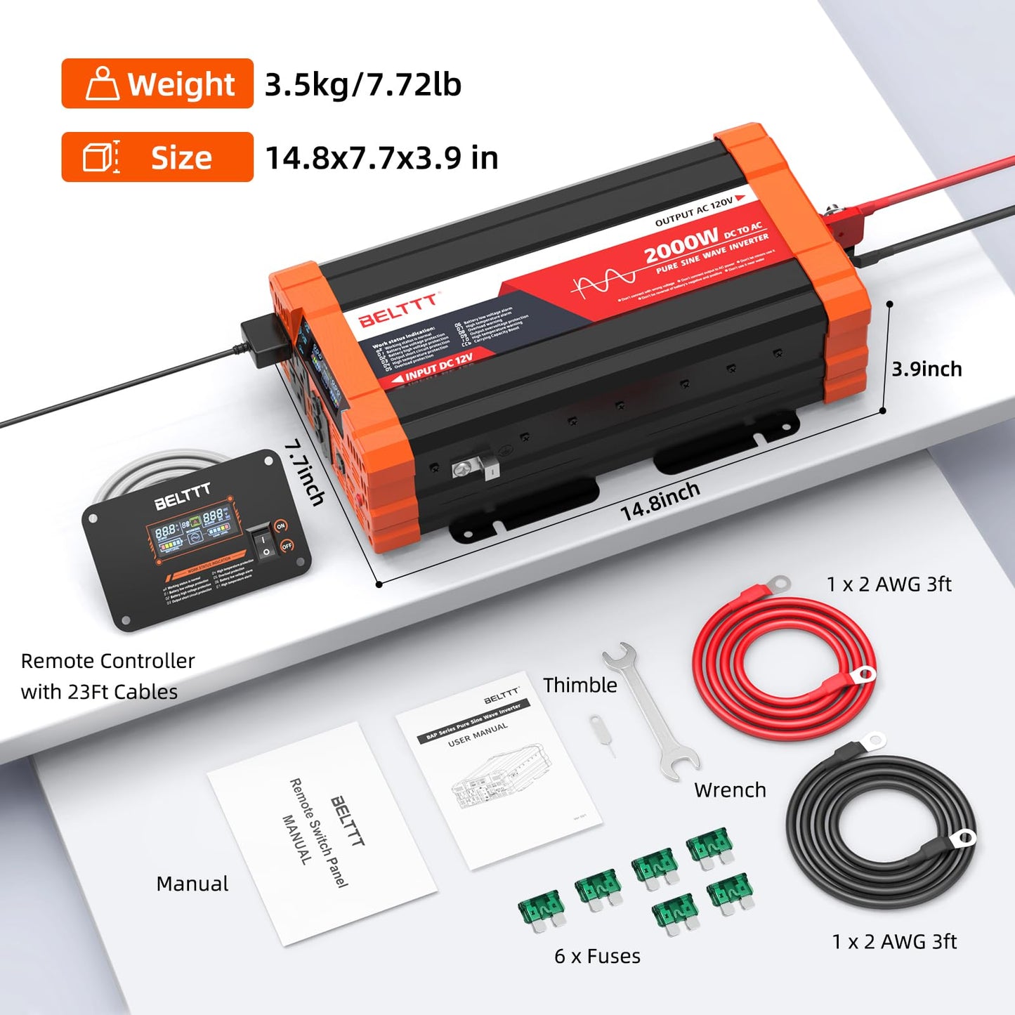 2000W Pure Sine Wave Power Inverter 12V to 120V with Dual AC Outlets, USB & Remote Control