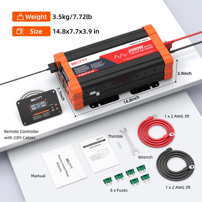2000W Pure Sine Wave Power Inverter 12V to 120V with Dual AC Outlets, USB & Remote Control