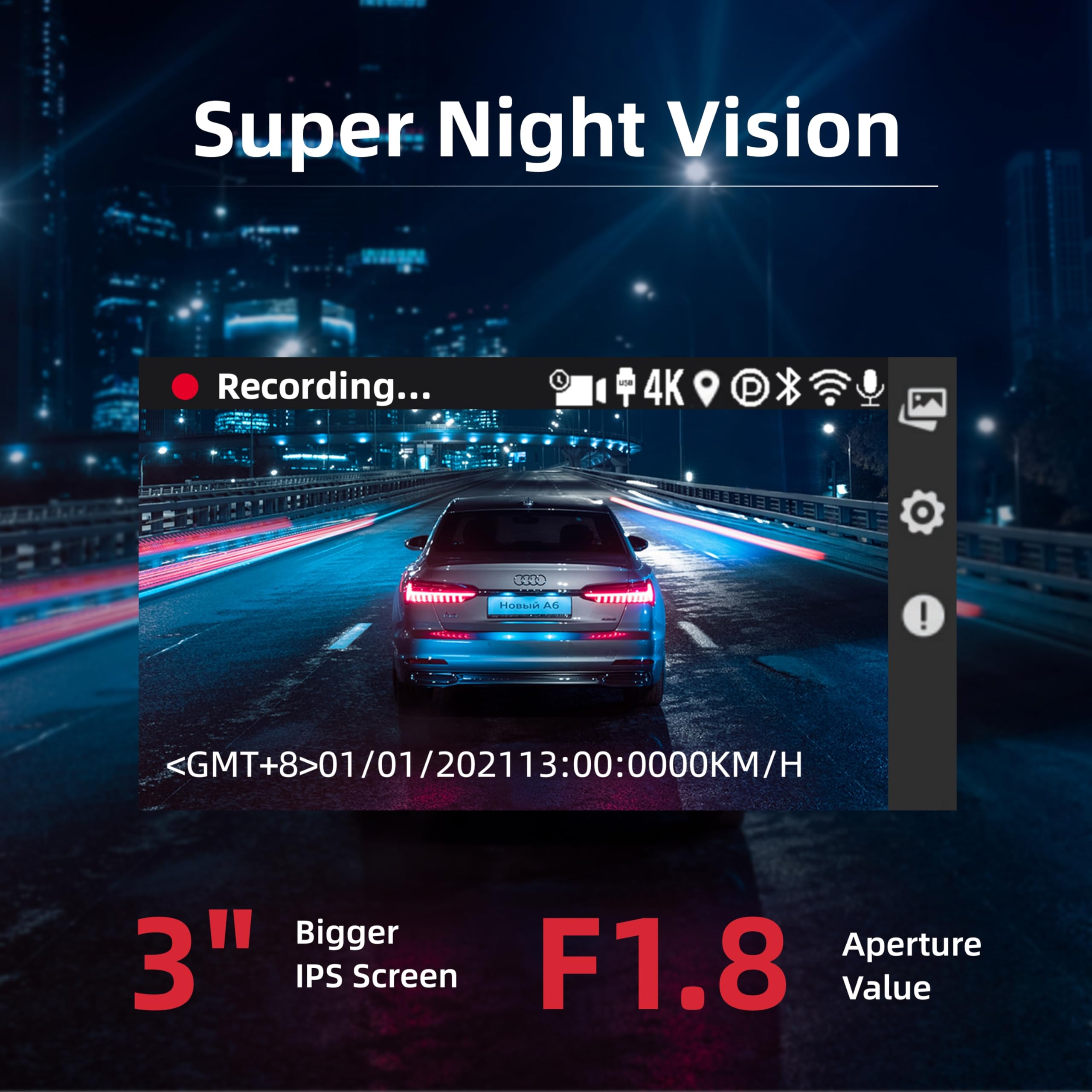 4K Dual Dash Cam Front Rear WiFi Bluetooth Parking Mode Night Vision