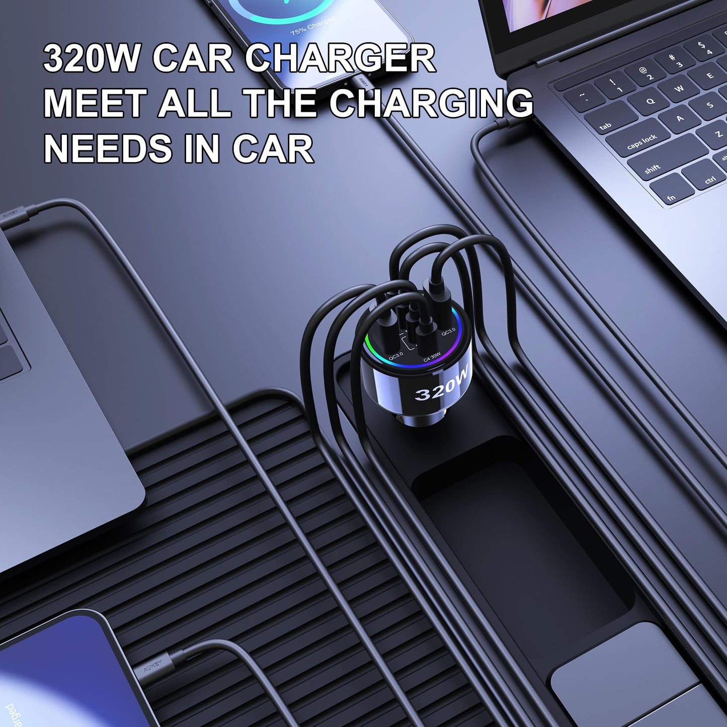 320W 6-Port USB-C Fast Car Charger with PD/QC/PPS Multi Device Charging