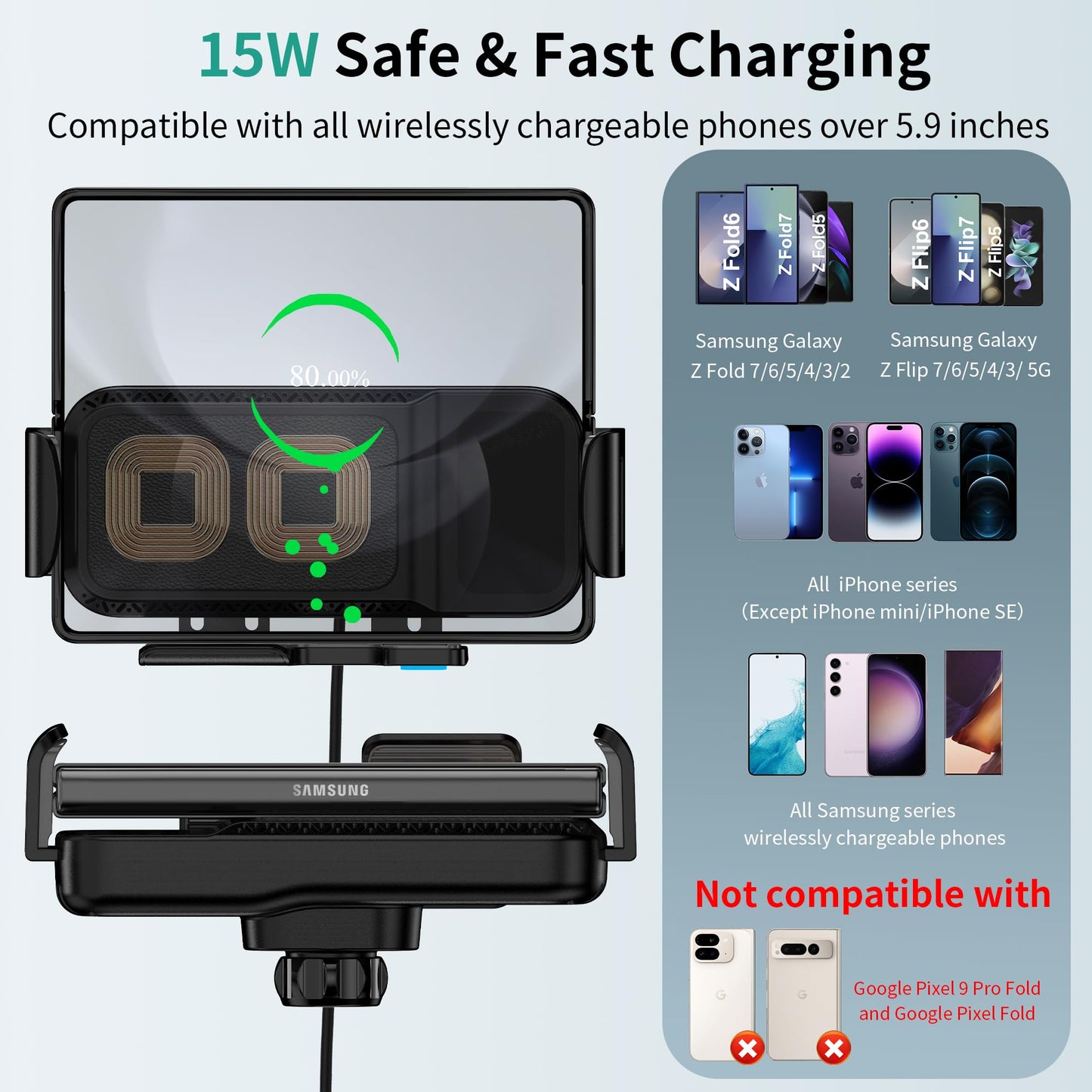 15W Dual Coil Wireless Car Charger Mount for Samsung Galaxy Z Fold & Flip Series and iPhone Fast Charging Holder