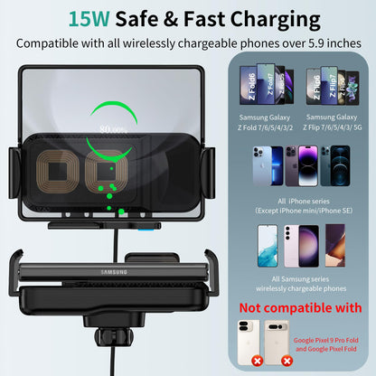 15W Dual Coil Wireless Car Charger Mount for Samsung Galaxy Z Fold & Flip Series and iPhone Fast Charging Holder