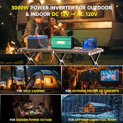 3000W 12V to 110V/120V Power Inverter with 6000W Peak, Modified Sine Wave, Dual AC Outlets & USB Port
