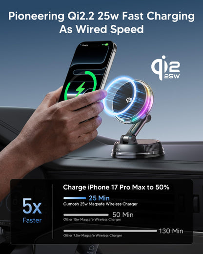 25W MagSafe Qi2 Wireless Car Charger Mount with Cooling Fan RGB Lights & Vacuum Suction Magnetic Phone Holder