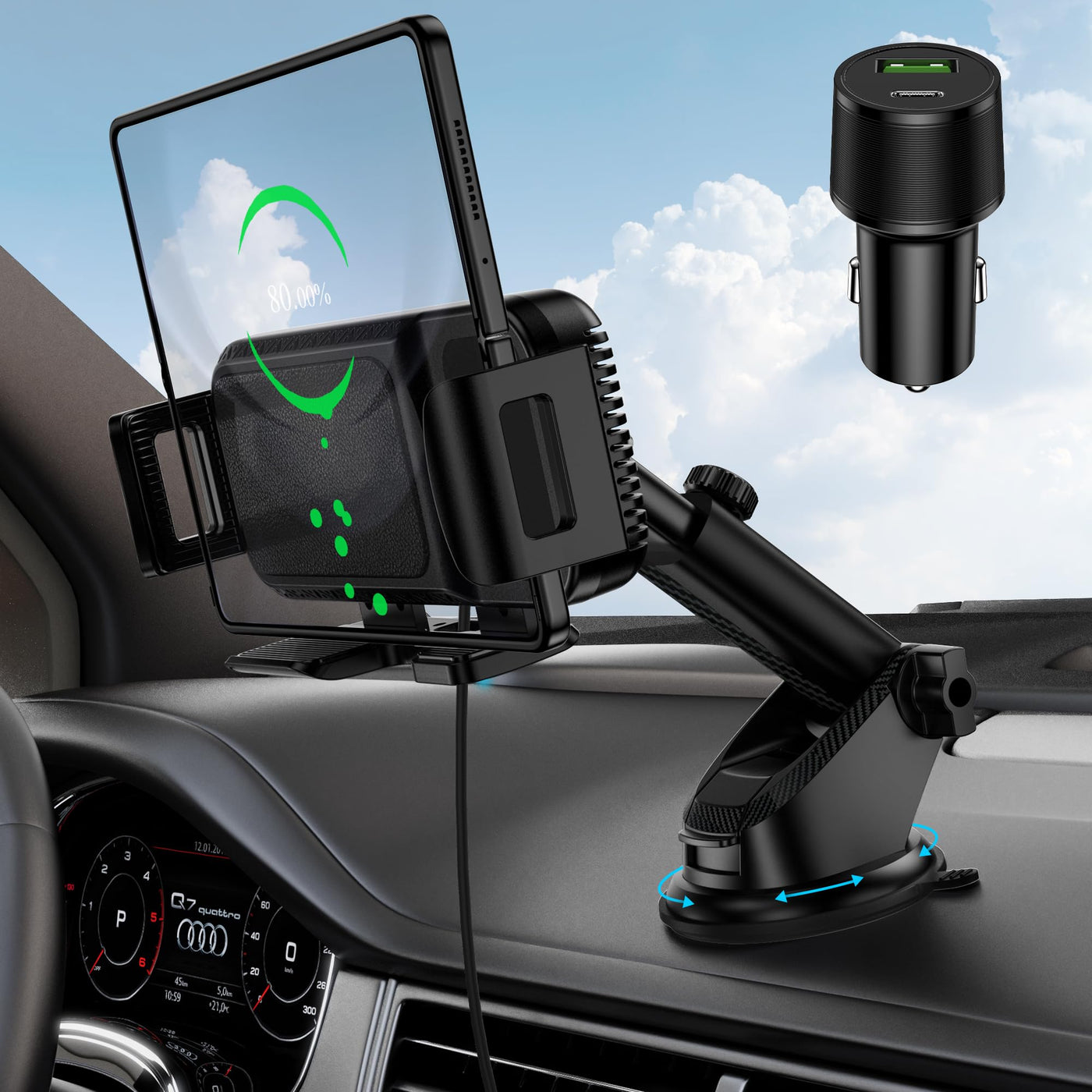 15W Dual Coil Wireless Car Charger Mount for Samsung Galaxy Z Fold & Flip Series and iPhone Fast Charging Holder