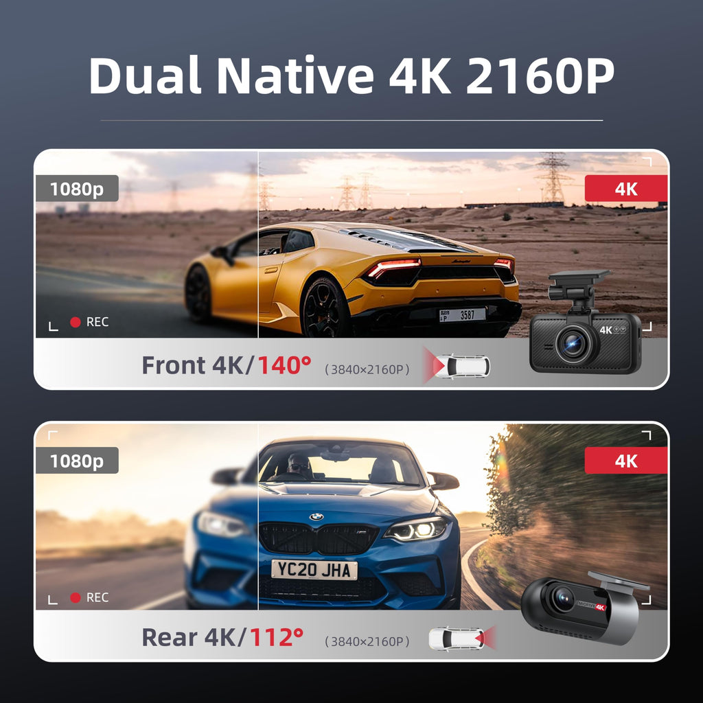 4K Dual Dash Cam Front Rear WiFi Bluetooth Parking Mode Night Vision