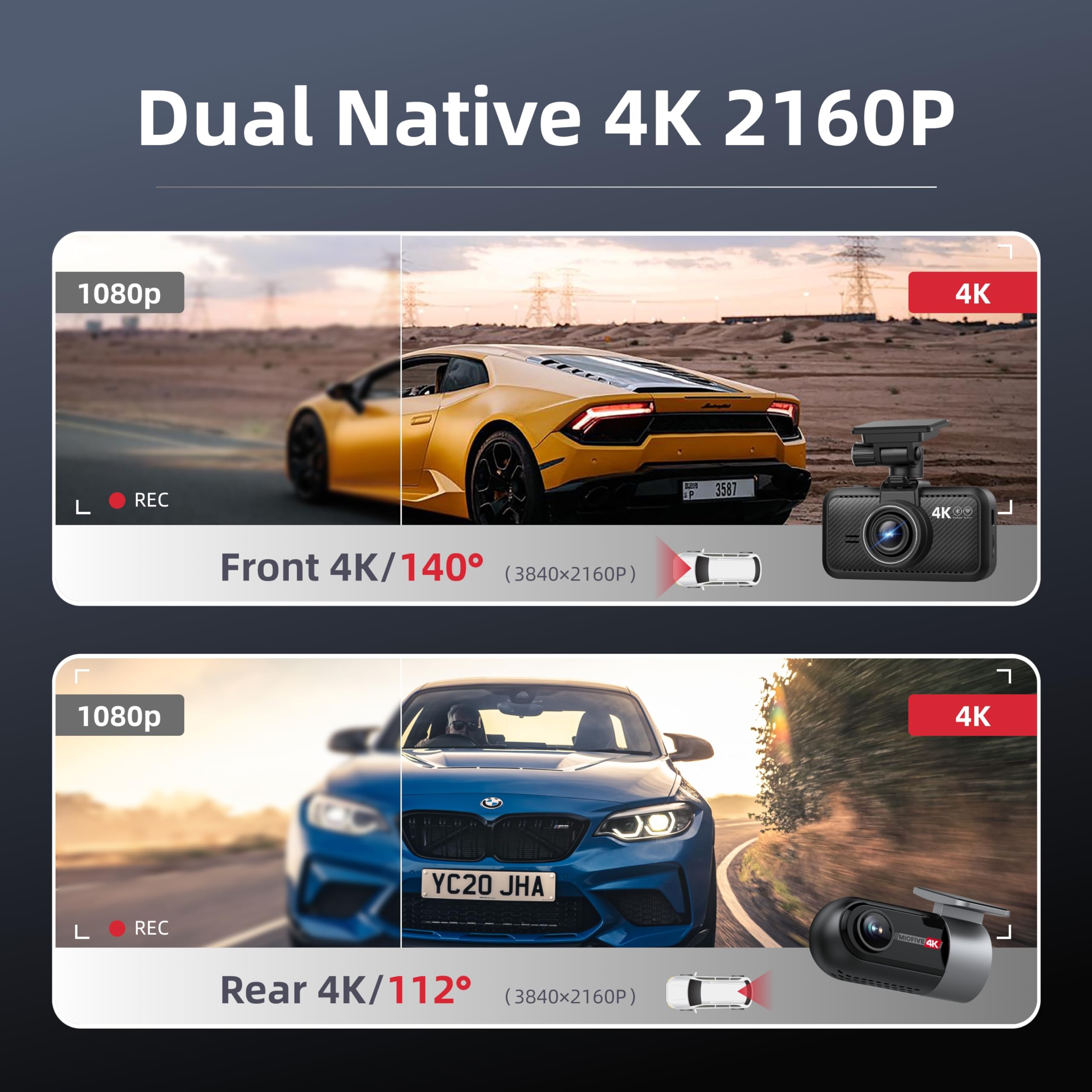 4K Dual Dash Cam Front Rear WiFi Bluetooth Parking Mode Night Vision