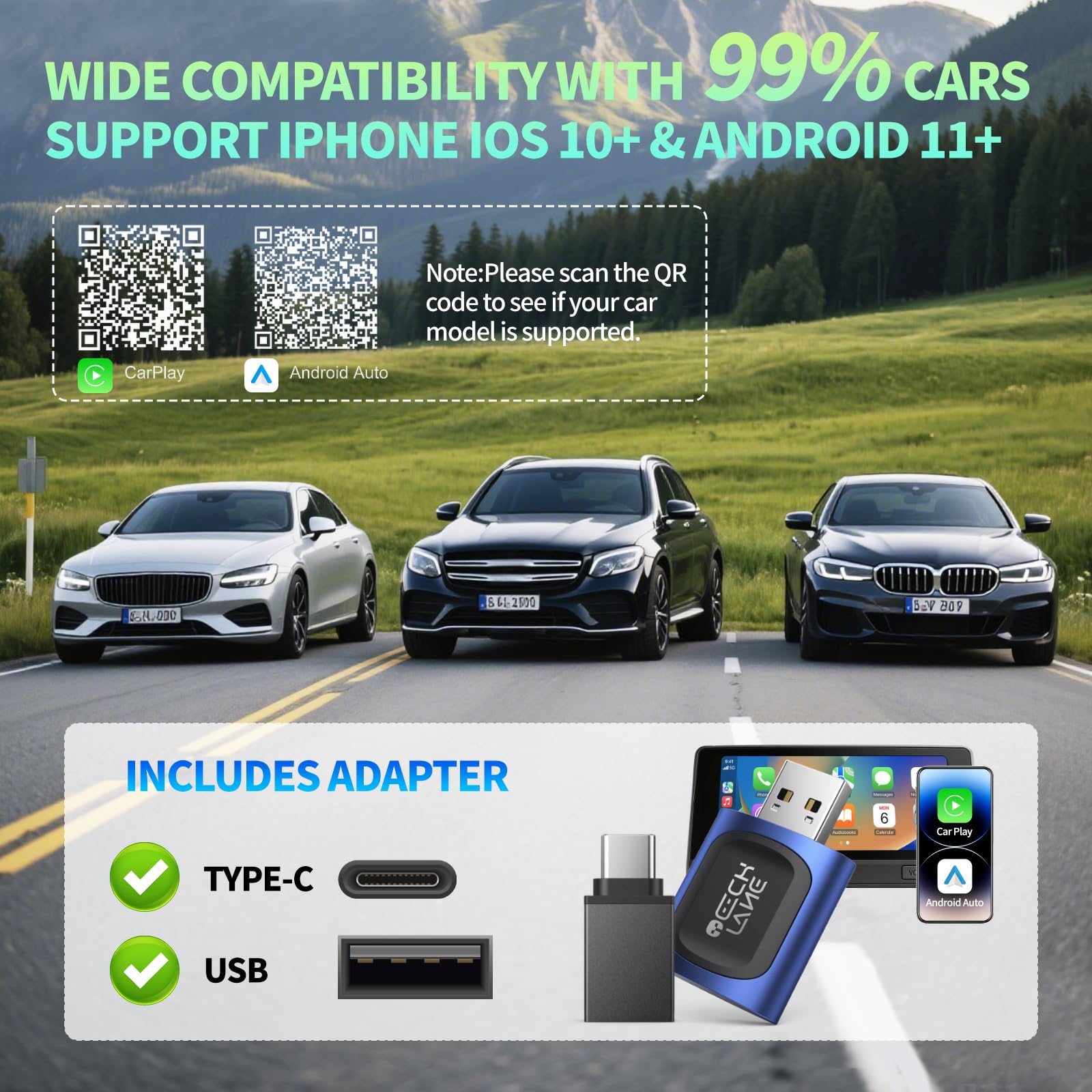 Wireless CarPlay Android Auto Adapter 2 in 1 Plug and Play Fast Auto Connect