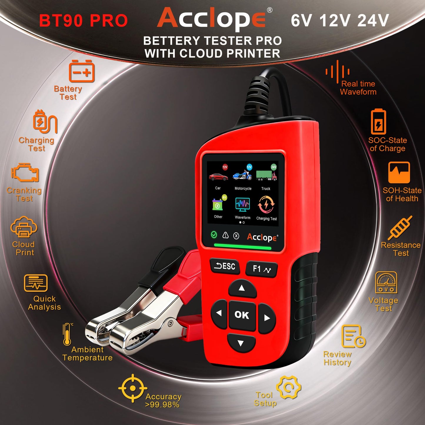 6V/12V/24V Car Battery Tester with 3800CCA Load & Digital SOH SOC Diagnostic Analyzer