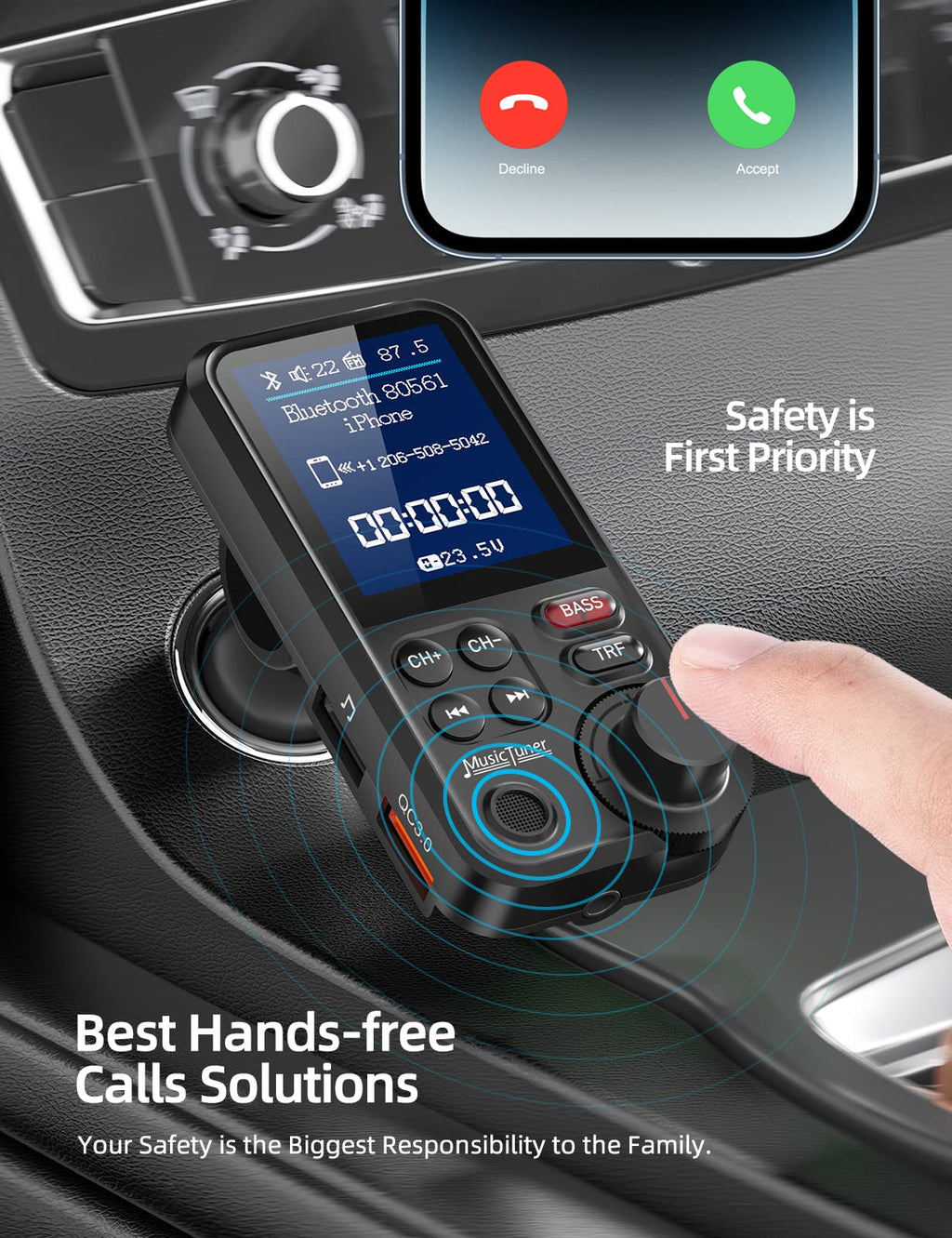 Bluetooth FM Transmitter Car Adapter Hands Free Calling Fast Charging AUX USB TF