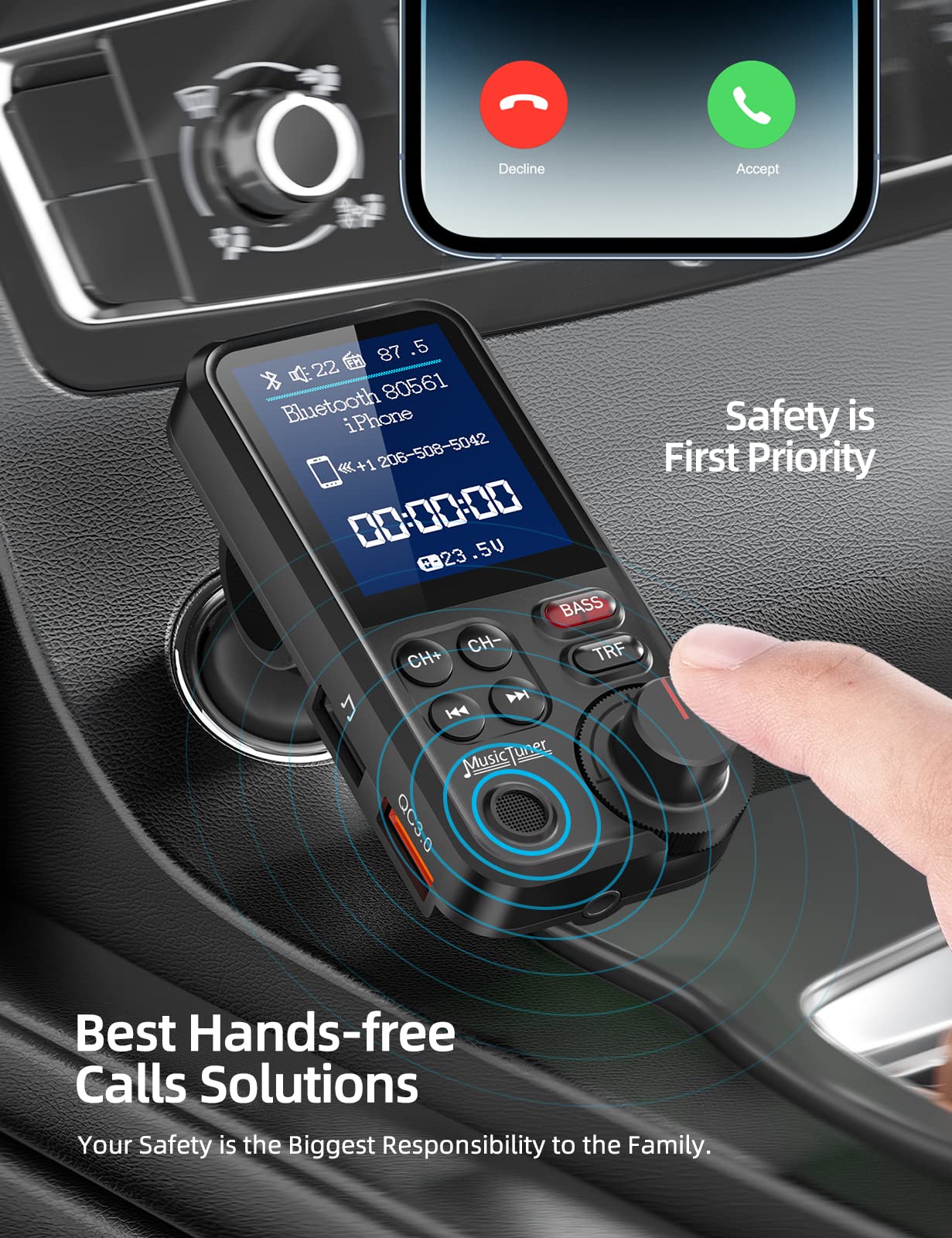 Bluetooth FM Transmitter Car Adapter Hands Free Calling Fast Charging AUX USB TF