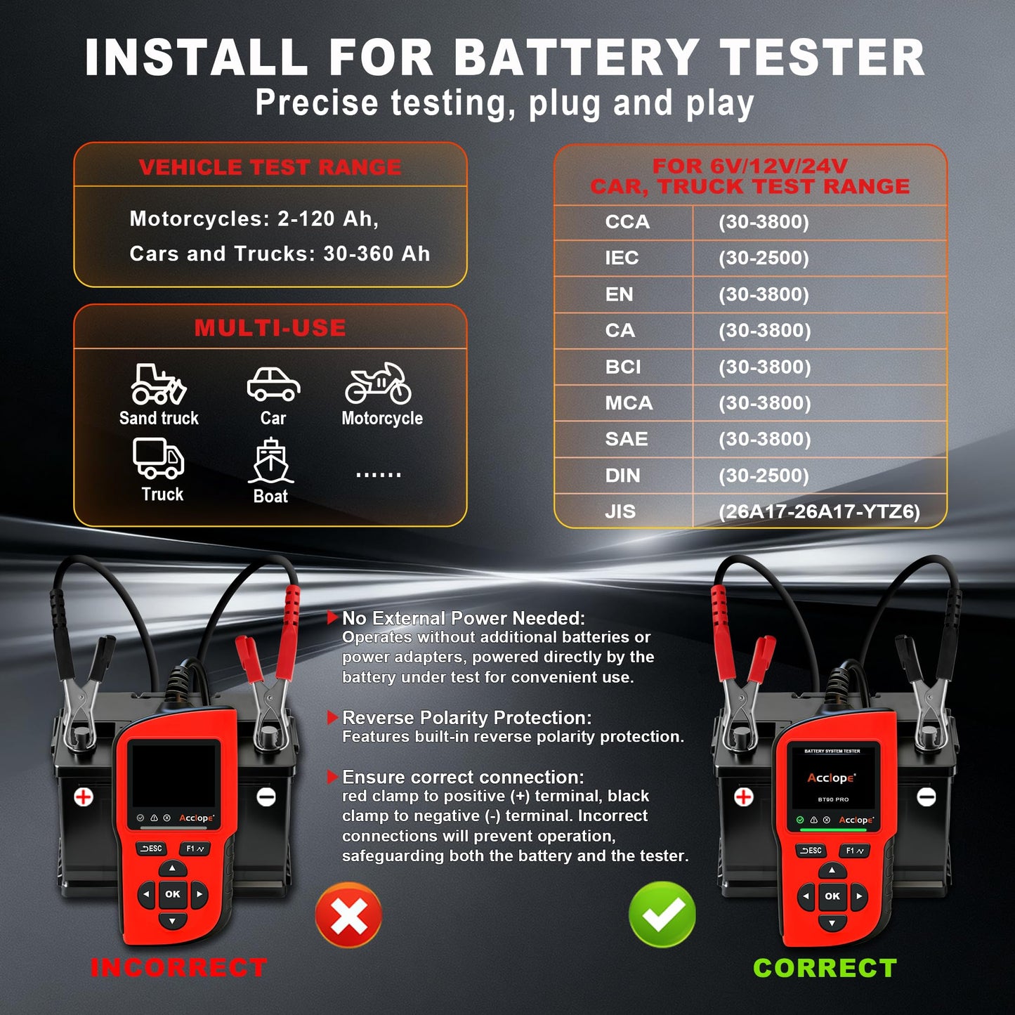 6V/12V/24V Car Battery Tester with 3800CCA Load & Digital SOH SOC Diagnostic Analyzer