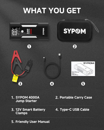 4000A Portable Jump Starter for Gas & Diesel Engines with Dual USB & LED Light