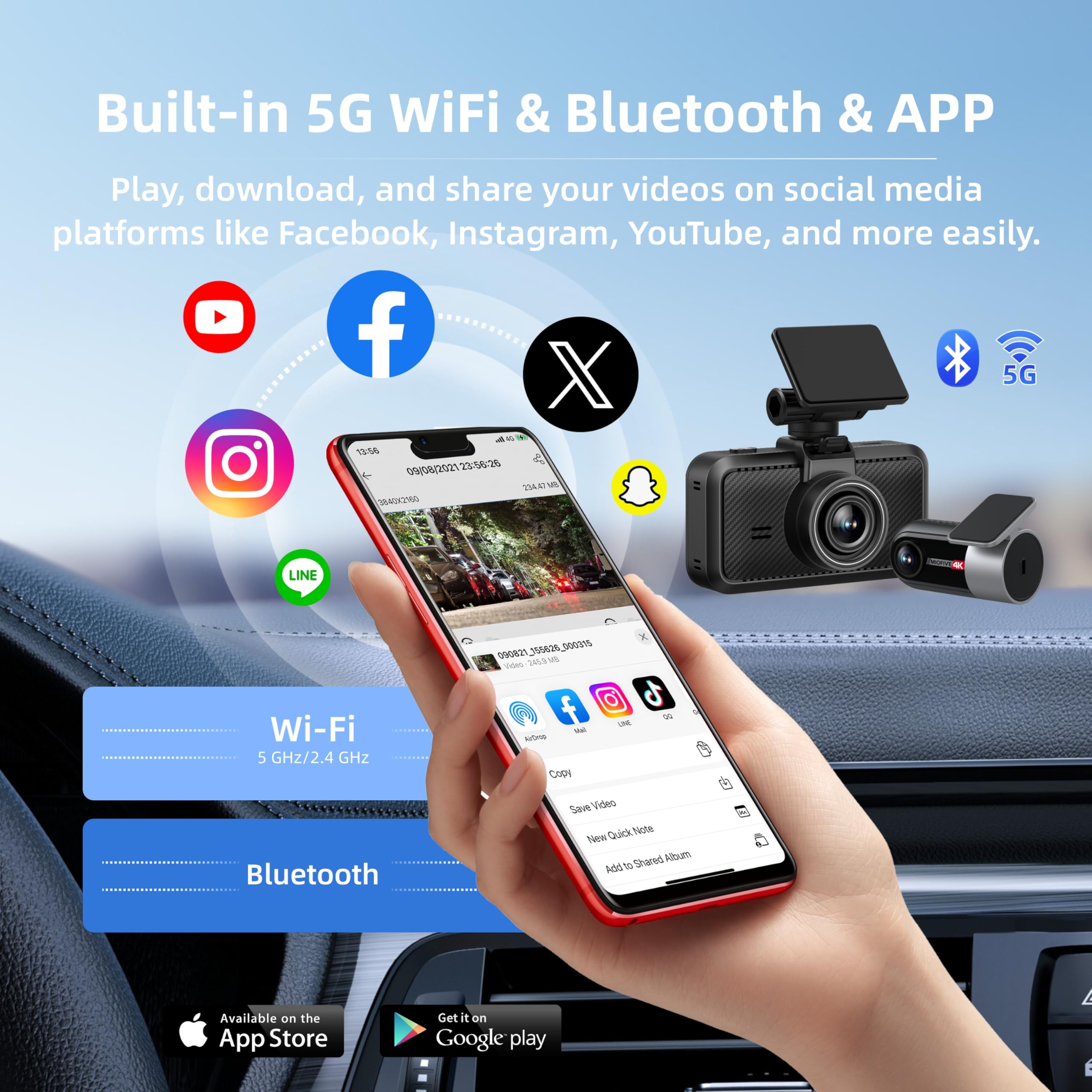 4K Dual Dash Cam Front Rear WiFi Bluetooth Parking Mode Night Vision