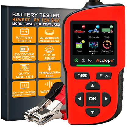 6V/12V/24V Car Battery Tester with 3800CCA Load & Digital SOH SOC Diagnostic Analyzer