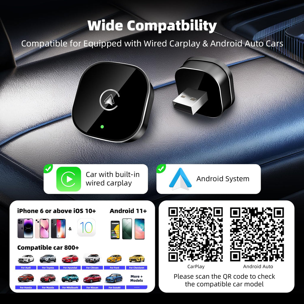 Wireless CarPlay Android Auto Adapter Mini USB Wired to Wireless Fast Connection Plug and Play