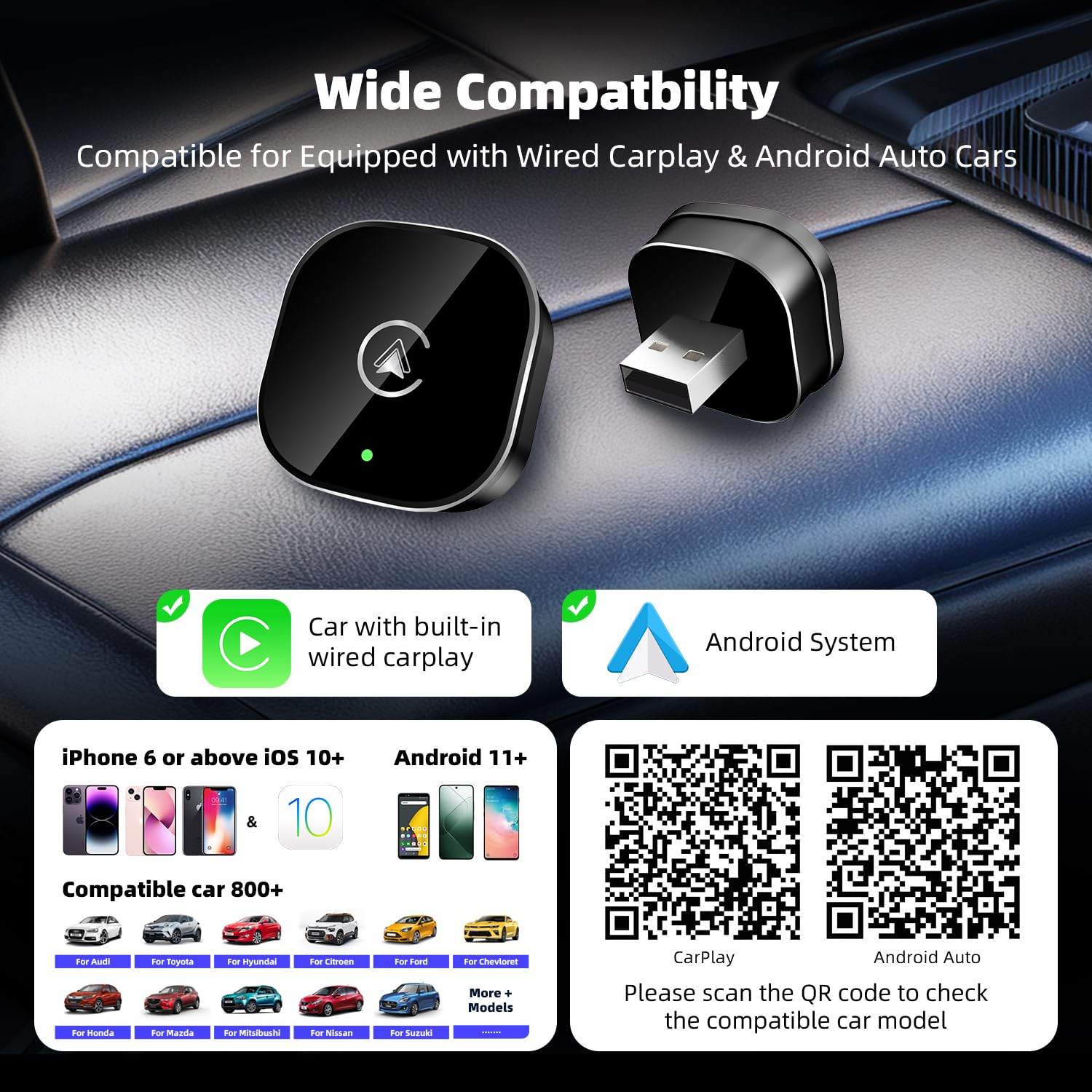 Wireless CarPlay Android Auto Adapter Mini USB Wired to Wireless Fast Connection Plug and Play