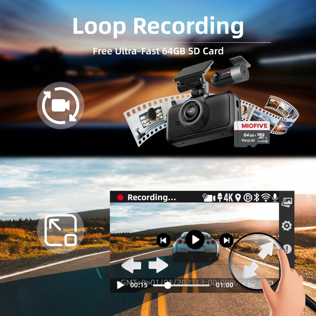 4K Dual Dash Cam Front Rear WiFi Bluetooth Parking Mode Night Vision