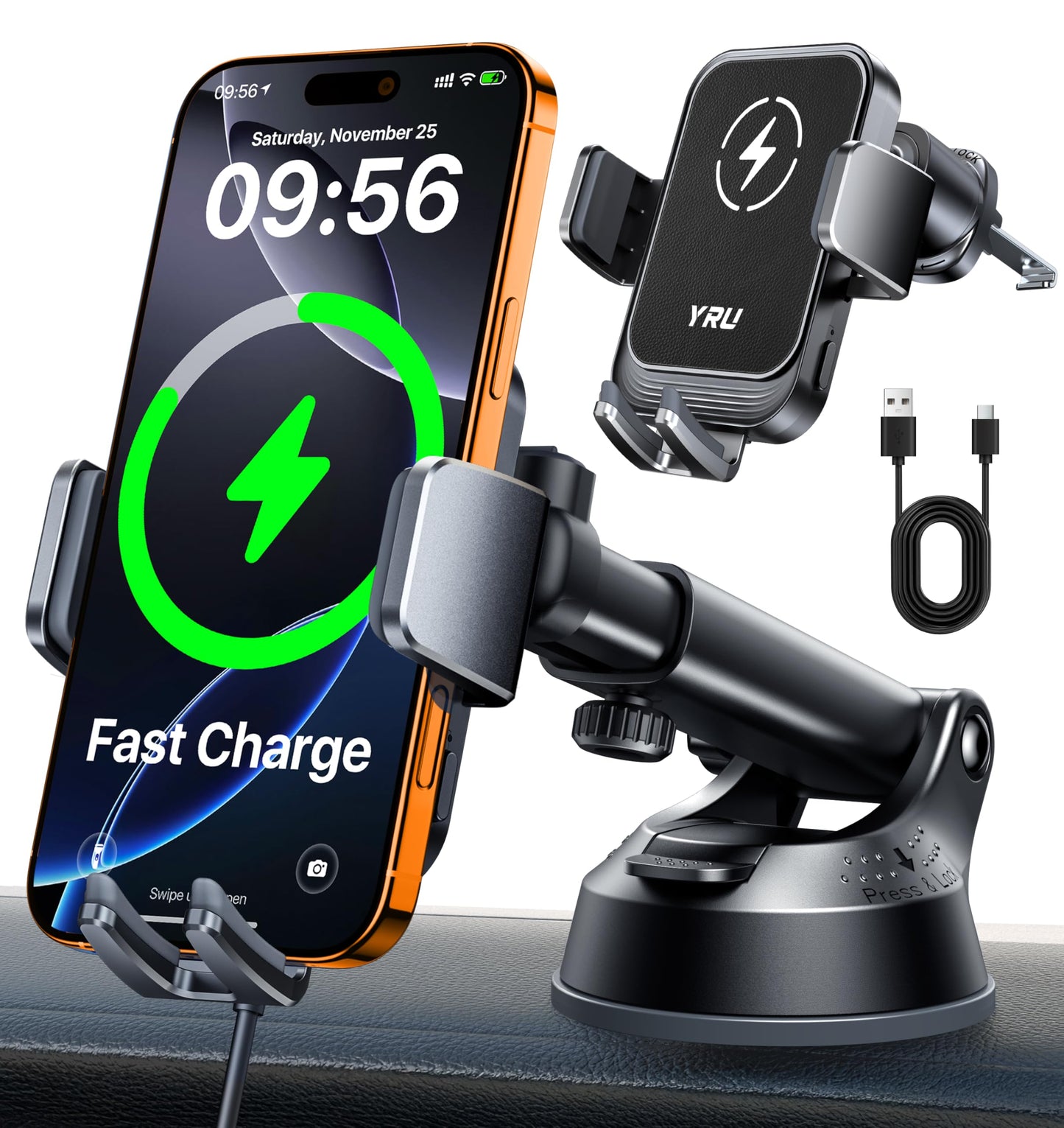 15W Wireless Car Charger Mount with Auto Clamping Magnetic Holder 360° Adjustable