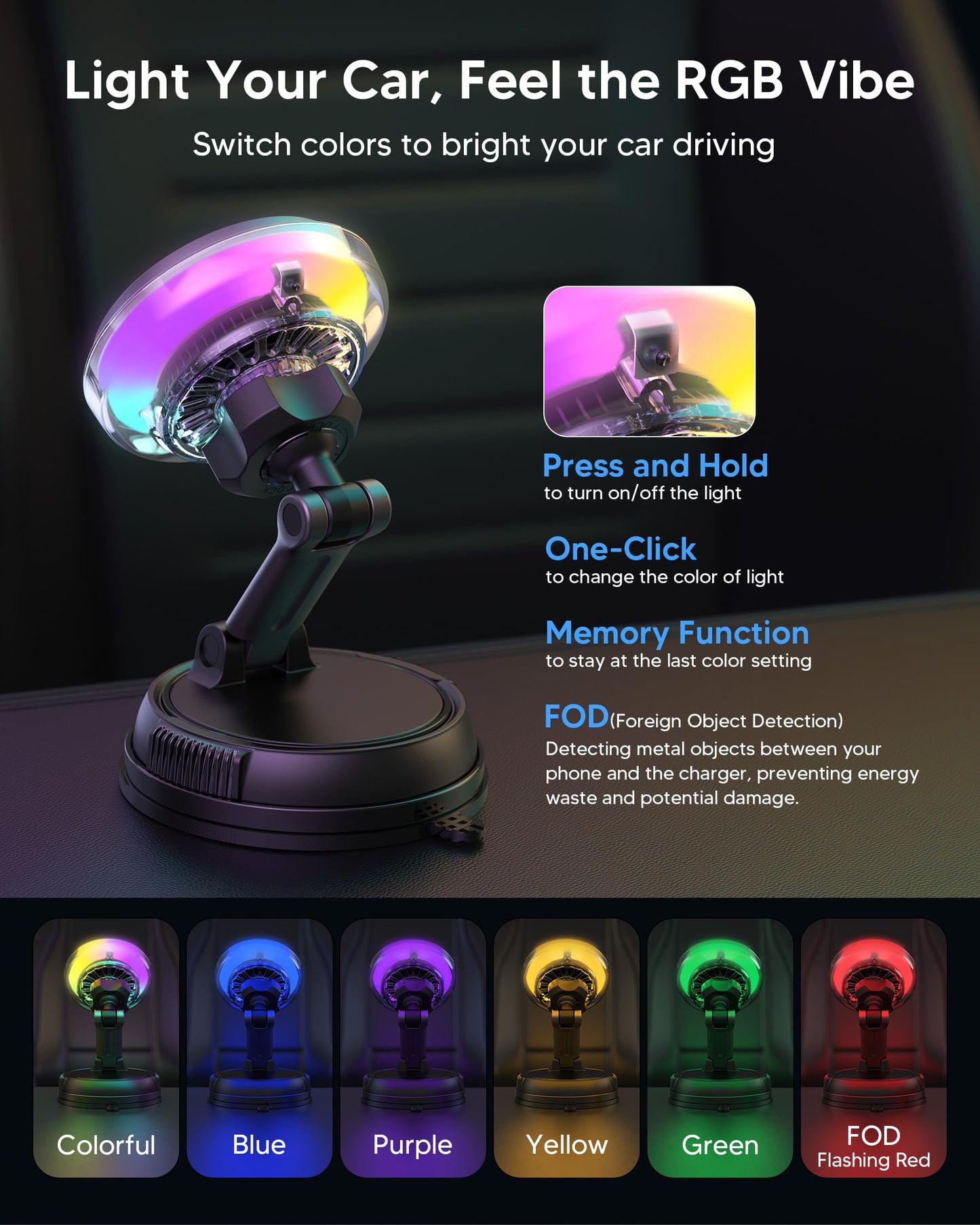 25W MagSafe Qi2 Wireless Car Charger Mount with Cooling Fan RGB Lights & Vacuum Suction Magnetic Phone Holder
