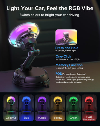 25W MagSafe Qi2 Wireless Car Charger Mount with Cooling Fan RGB Lights & Vacuum Suction Magnetic Phone Holder