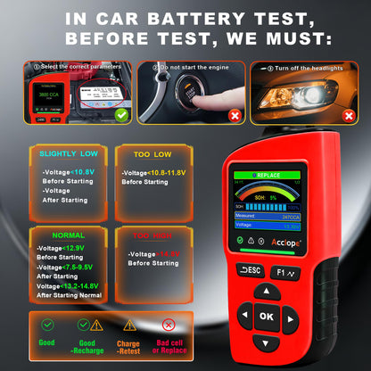 6V/12V/24V Car Battery Tester with 3800CCA Load & Digital SOH SOC Diagnostic Analyzer